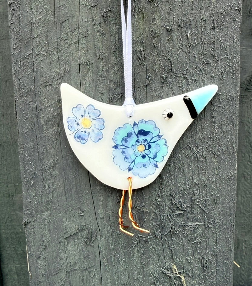 Handmade Fused Glass Blue Flower Bird Hanging Decoration