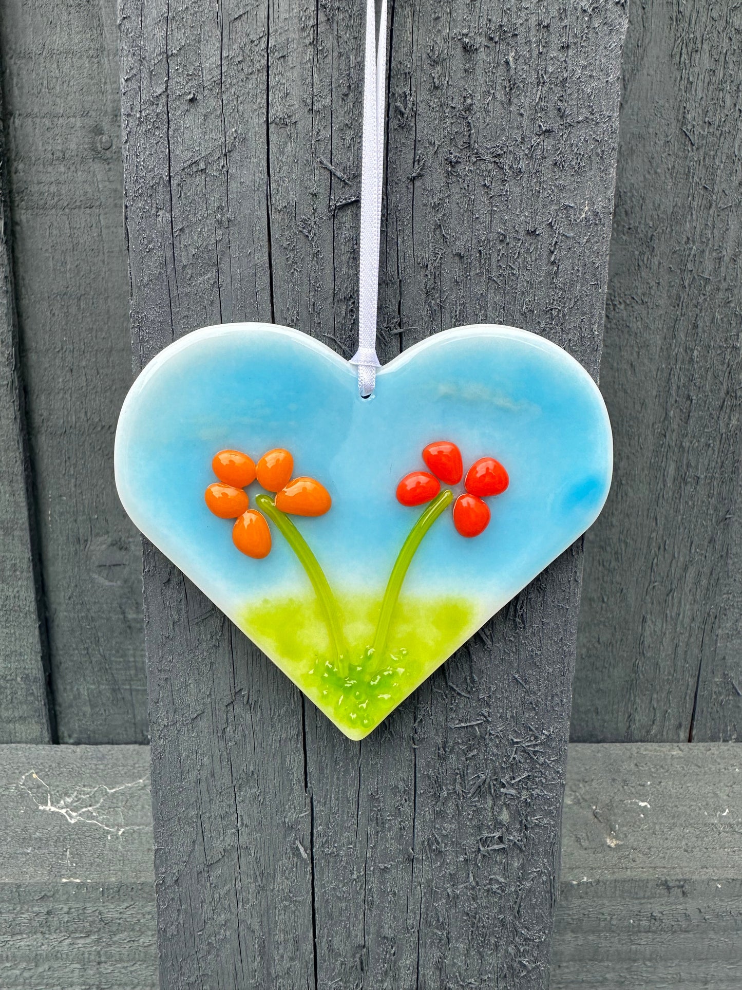 Orange & Red Flowers Hanging Heart Decoration Fused Glass