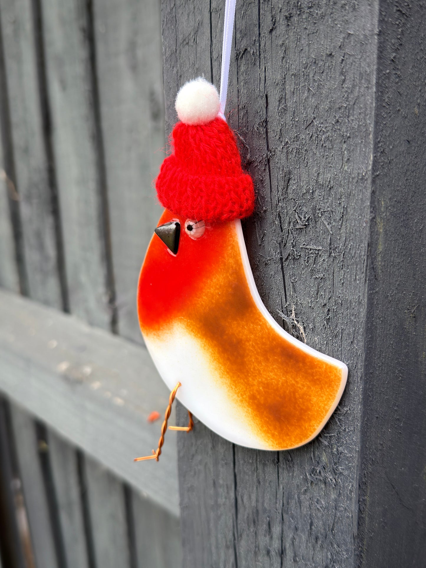 Fused Glass Robin with hat on white glass