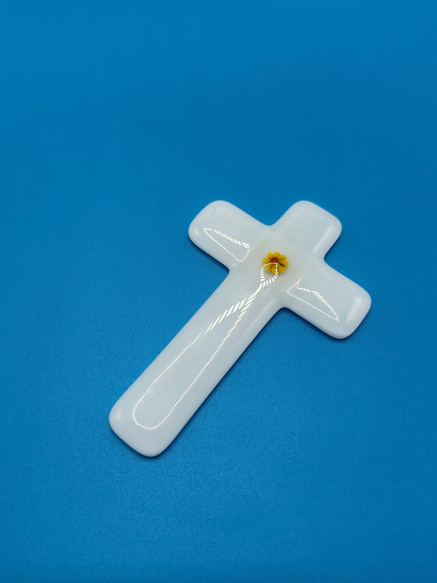White Cross with flower in the centre Fused Glass