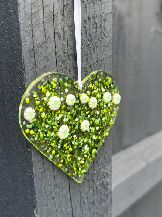 White Flower Hanging Heart | Fused Glass Decoration