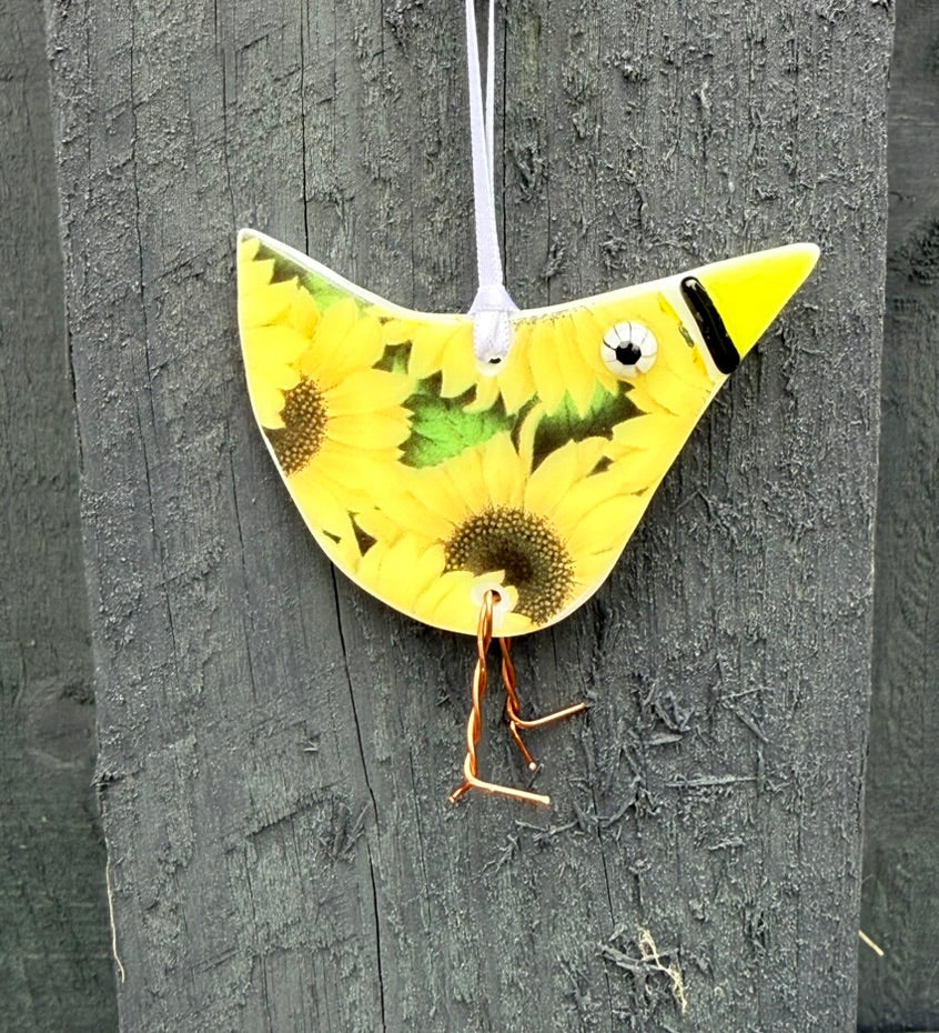 Handmade Fused Glass Sunflower Bird Hanging Decoration