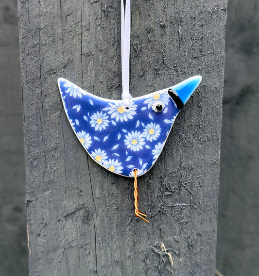 Handmade Fused Glass Daisy Bird Hanging Decoration