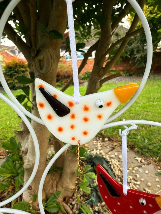 White Baby Bird Fused Glass Orange spots