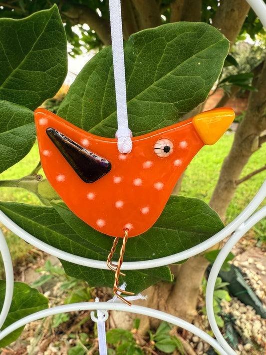 Orange Baby Bird Fused Glass white spots