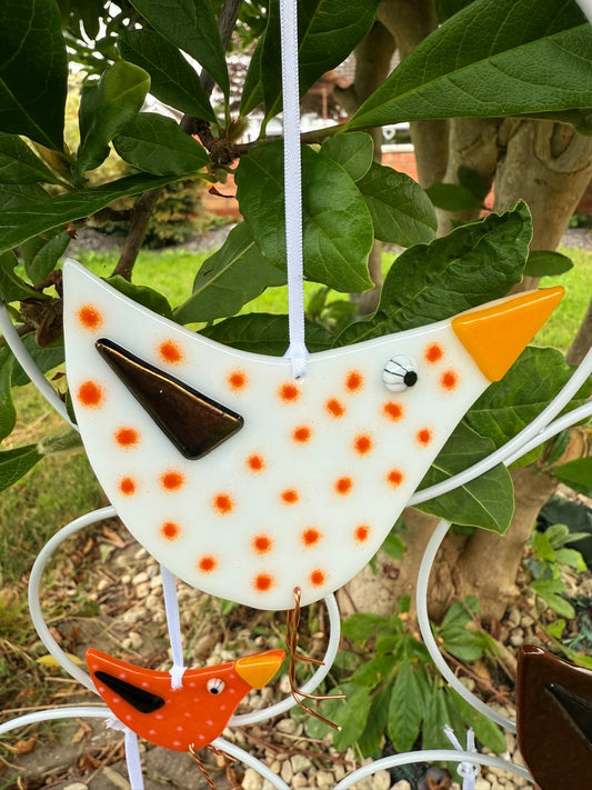 Orange Spotty white Bird Fused Glass