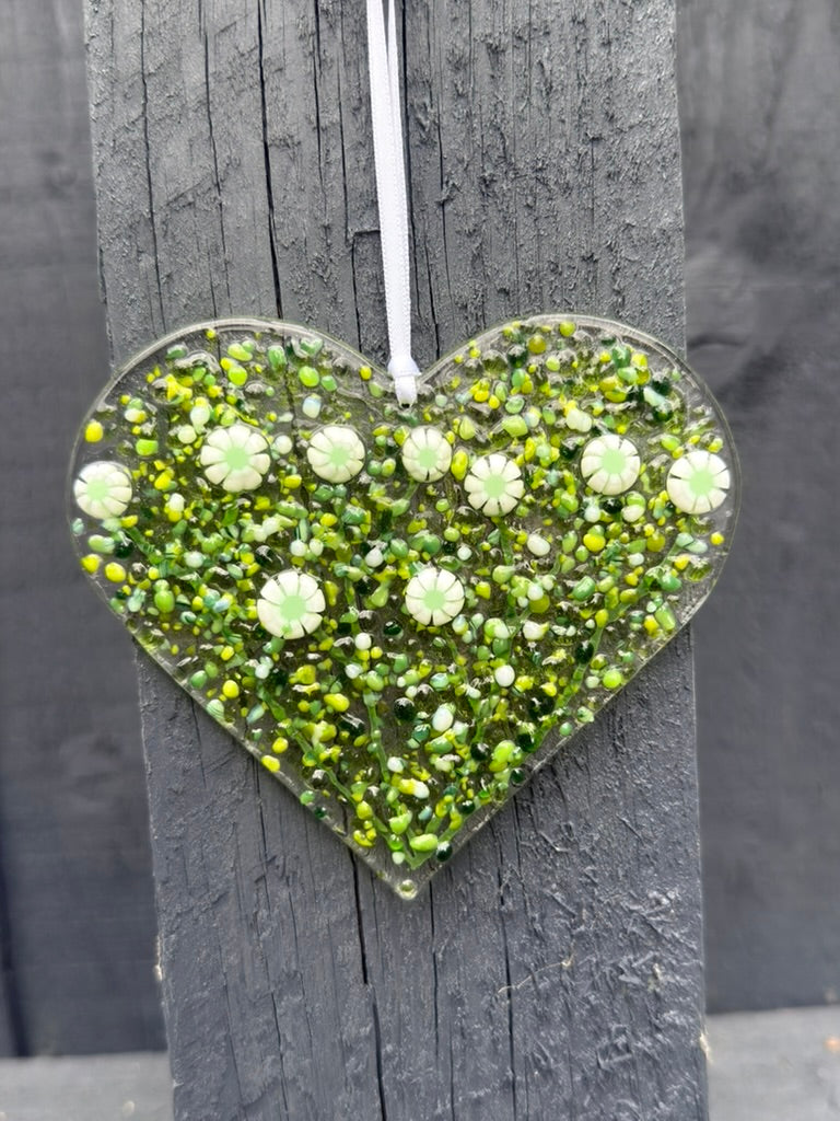 White Flower Hanging Heart | Fused Glass Decoration