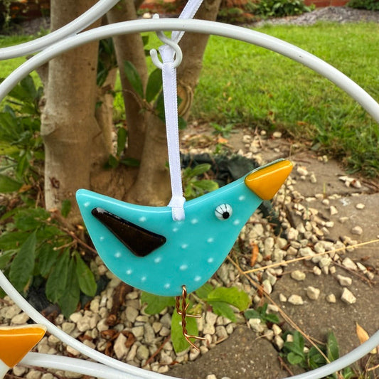 Turquoise Baby Bird Fused Glass white spots
