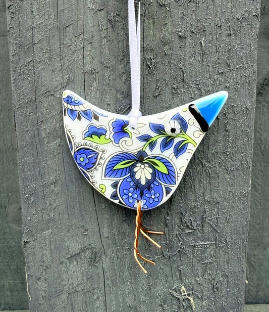 Handmade Fused Glass Paisley Pattern Bird Hanging Decoration