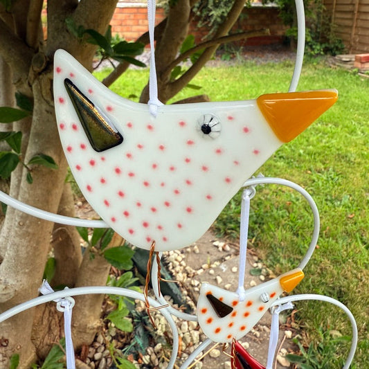 Pink Spotty white Bird Fused Glass
