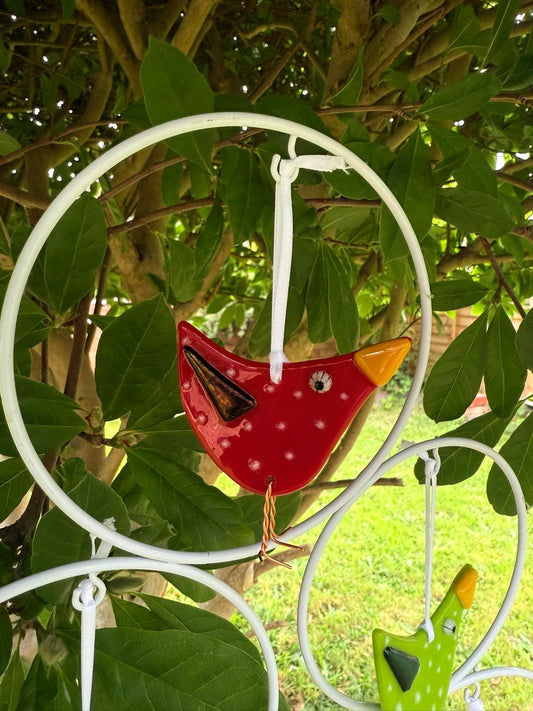 Red Baby Bird Fused Glass white spots