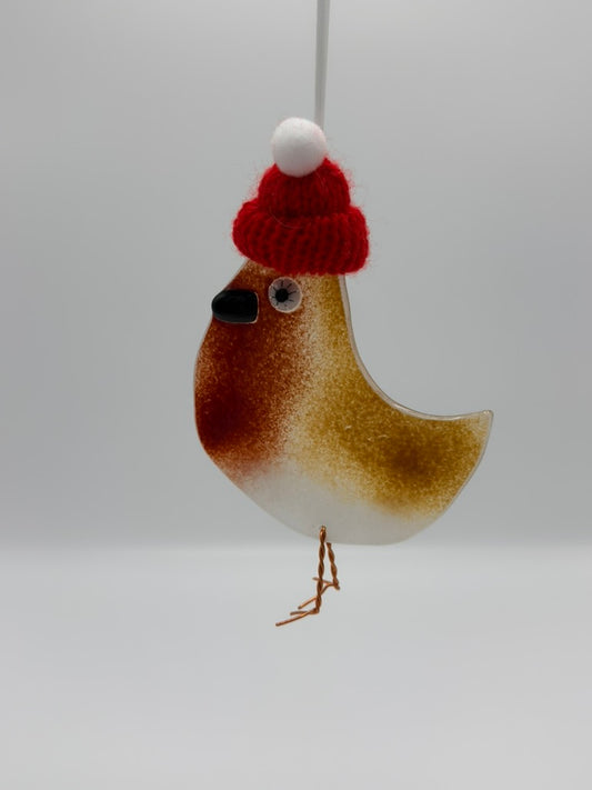 Fused Glass Robin with a hat