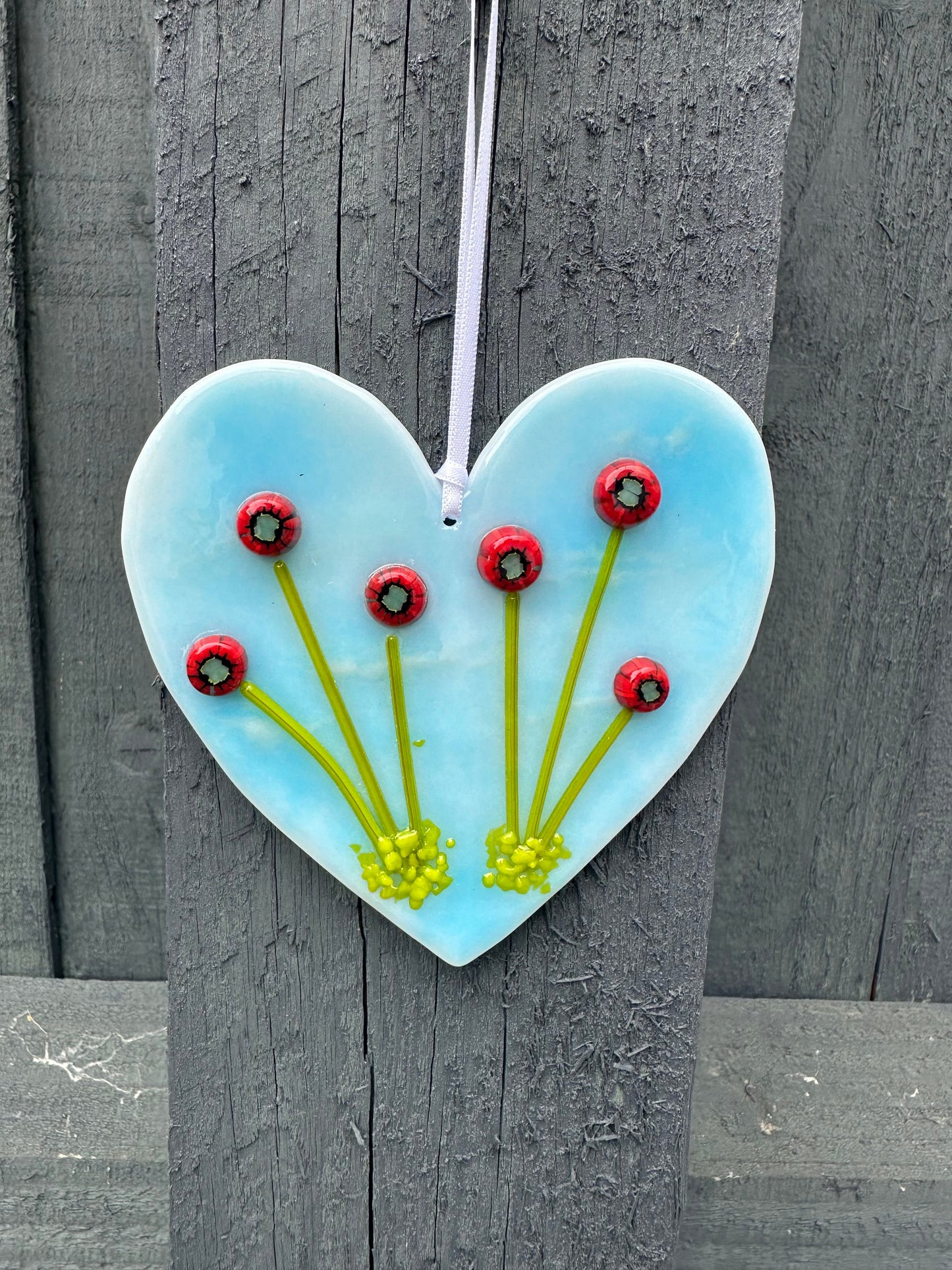 Poppy effect Hanging Heart Decoration Fused Glass