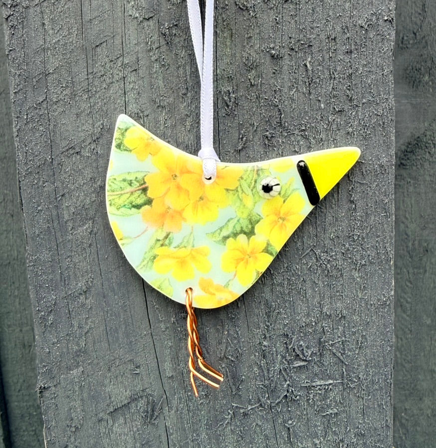 Handmade Fused Glass Primrose Bird Hanging Decoration