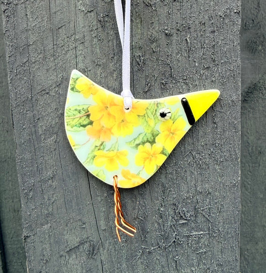 Handmade Fused Glass Primrose Bird Hanging Decoration