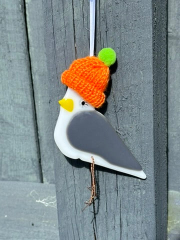 Seagull with woolly hat Fused Glass