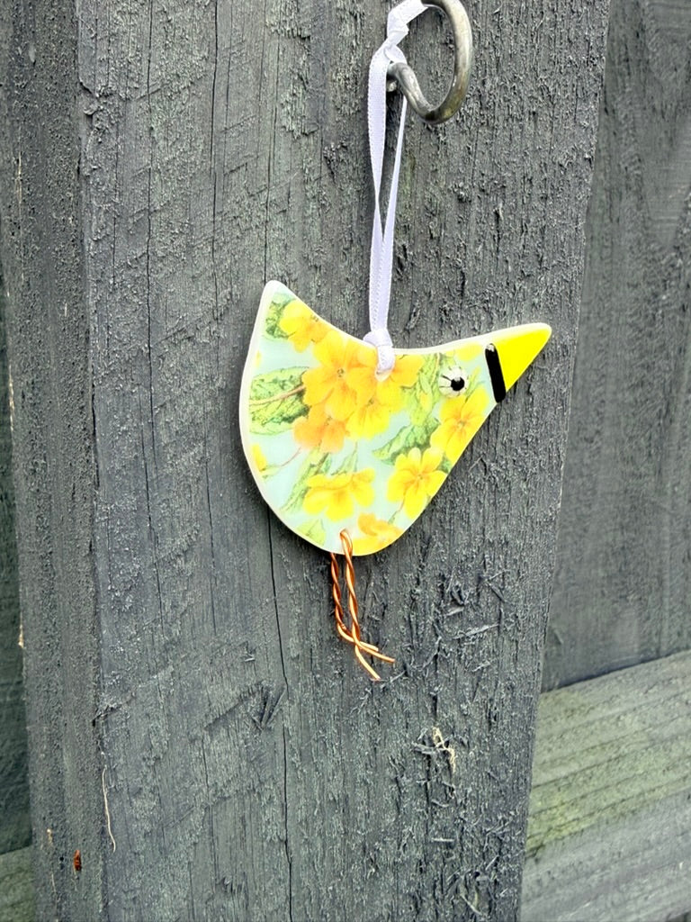 Handmade Fused Glass Primrose Bird Hanging Decoration