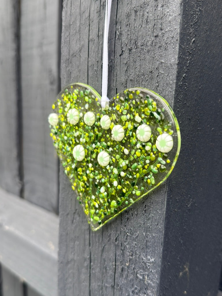 White Flower Hanging Heart | Fused Glass Decoration