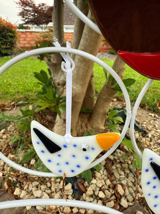 White Baby Bird Fused Glass Blue spots