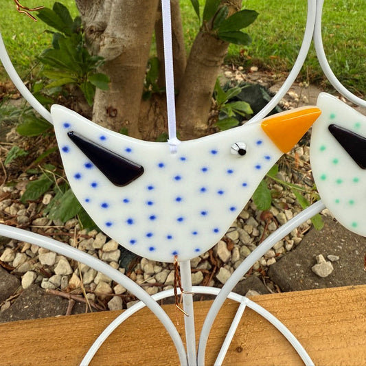 Blue Spotty white Bird Fused Glass