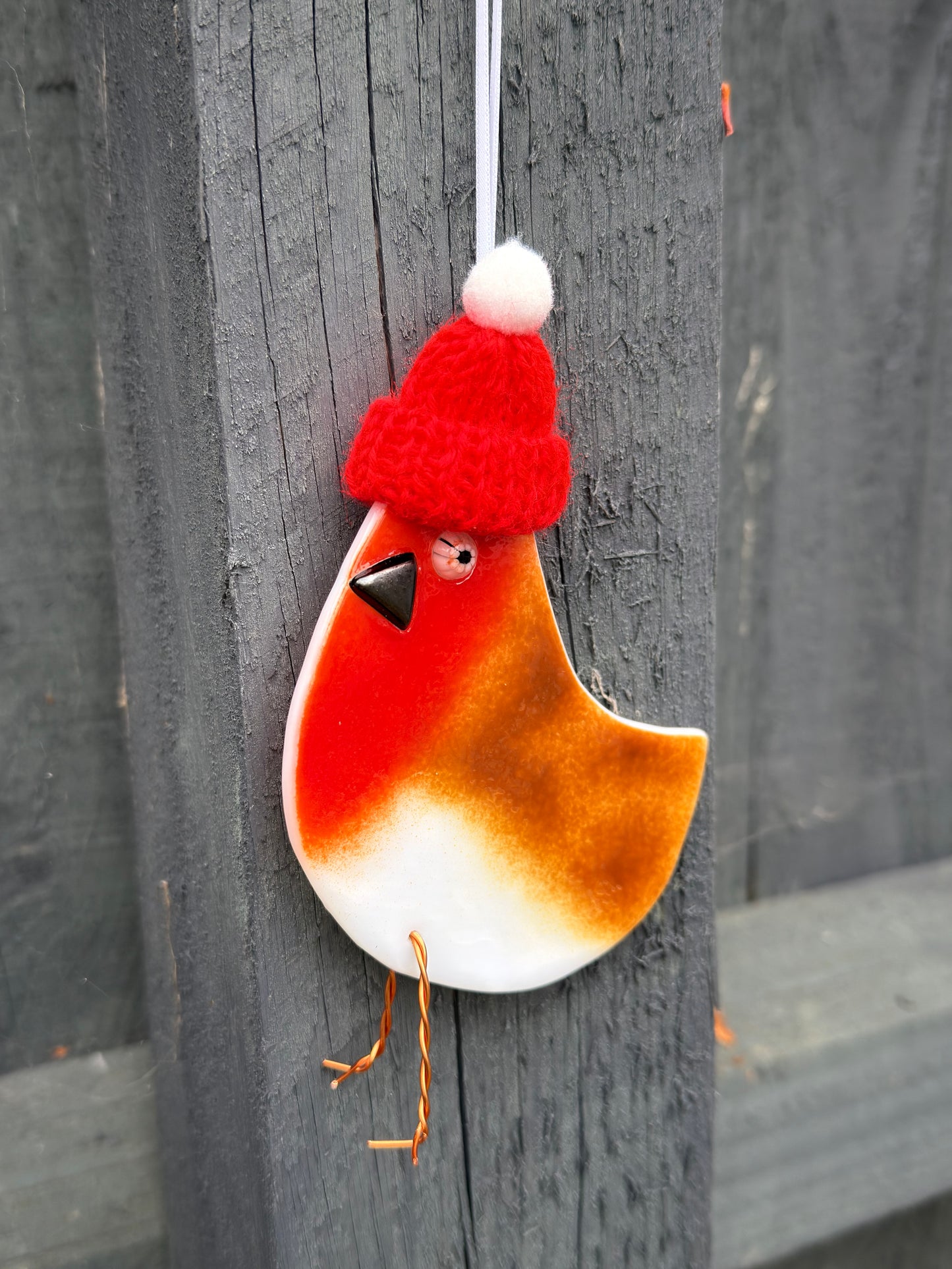 Fused Glass Robin with hat on white glass