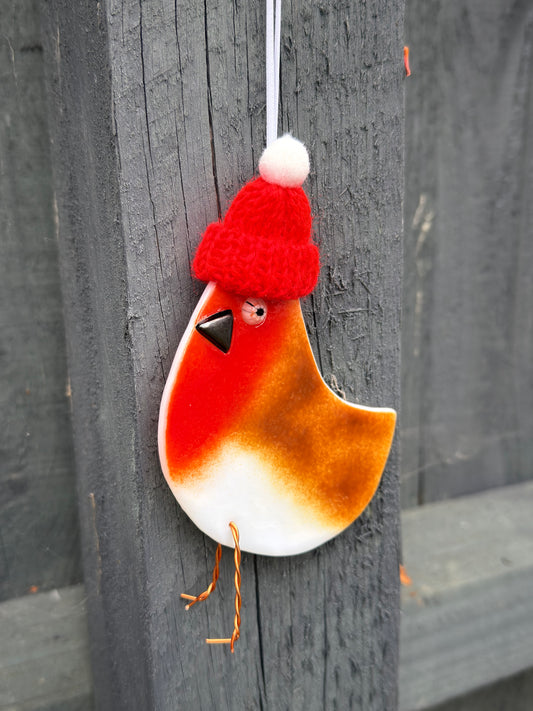 Fused Glass Robin with hat on white glass