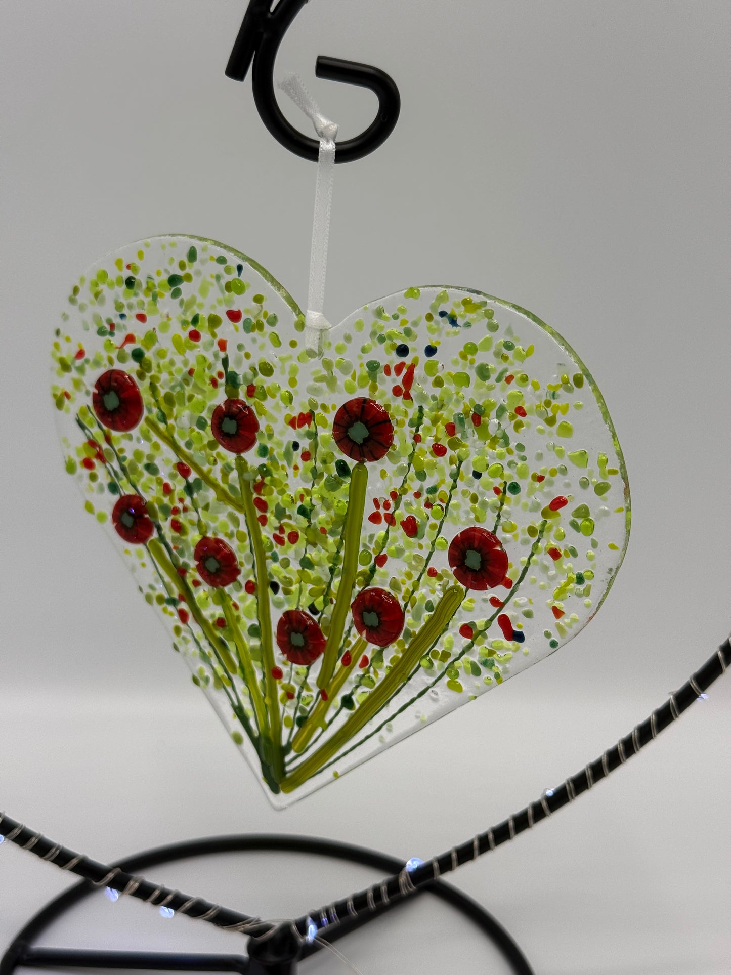Handmade Fused Glass Poppy Heart in Metal Frame with LED Lights