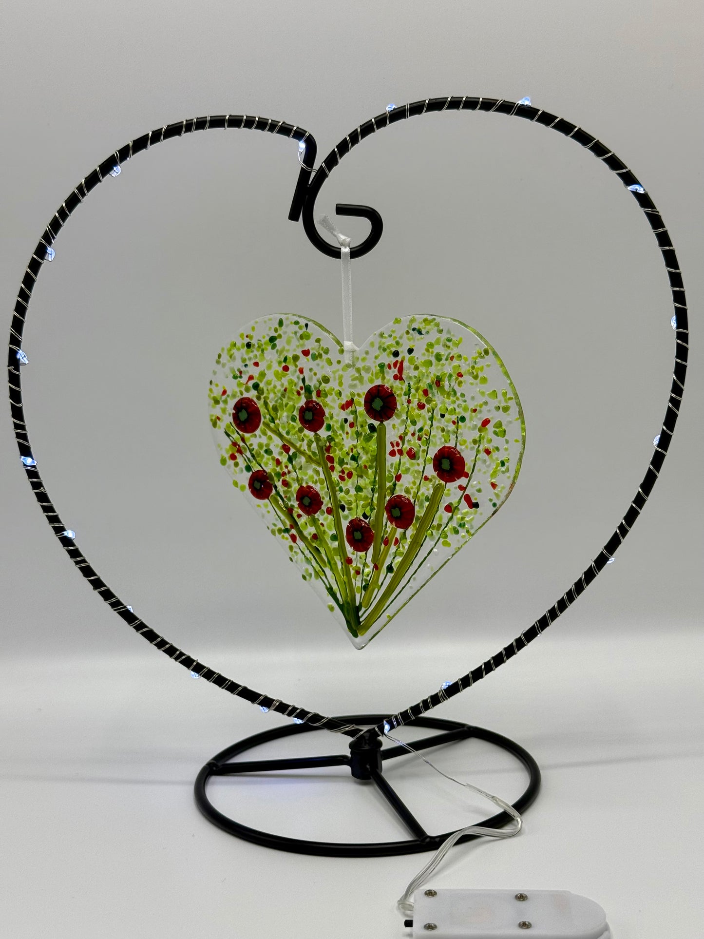 Handmade Fused Glass Poppy Heart in Metal Frame with LED Lights