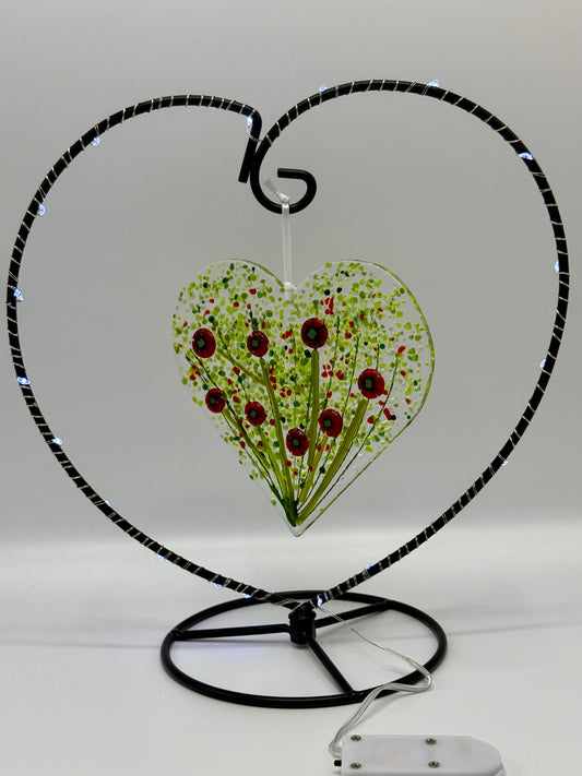 Handmade Fused Glass Poppy Heart in Metal Frame with LED Lights
