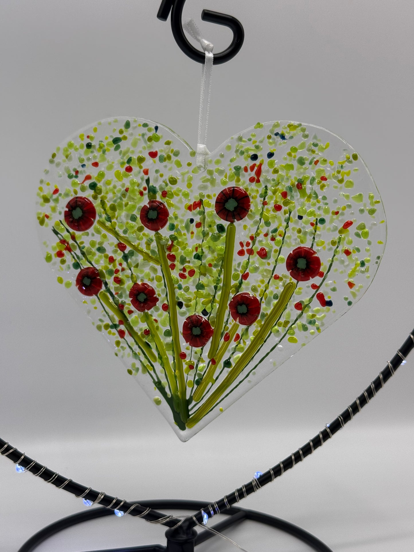Handmade Fused Glass Poppy Heart in Metal Frame with LED Lights