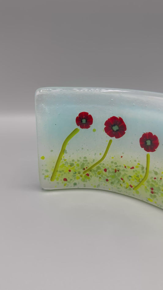 Poppies in grass meadow fused glass wave